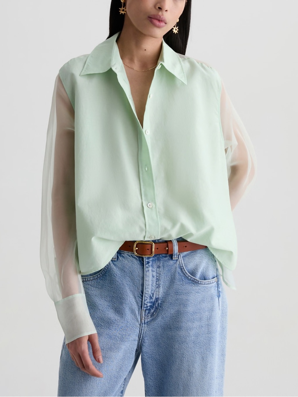 AG Adriano Goldschmied Sheer Light Green Button-Down Blouse